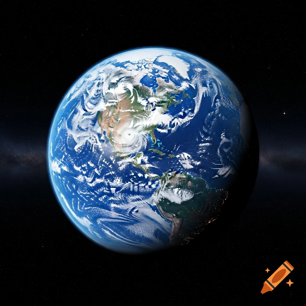 A detailed view of Earth from space, showing continents, swirling clouds, and city lights visible on the night side.