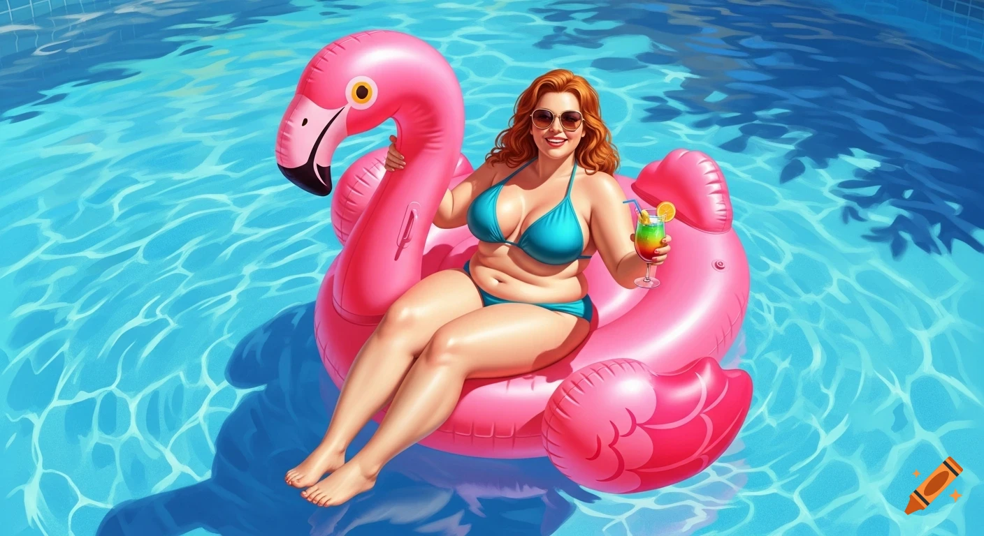 A smiling, red-haired, curvy woman in a bikini on a pink flamingo float in a sparkling blue pool, holding a colorful cocktail.