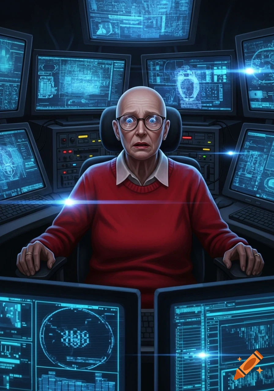 A bald, bespectacled elderly woman in a red sweater sits fearfully in front of multiple glowing computer screens displaying code and data in a dark control room.