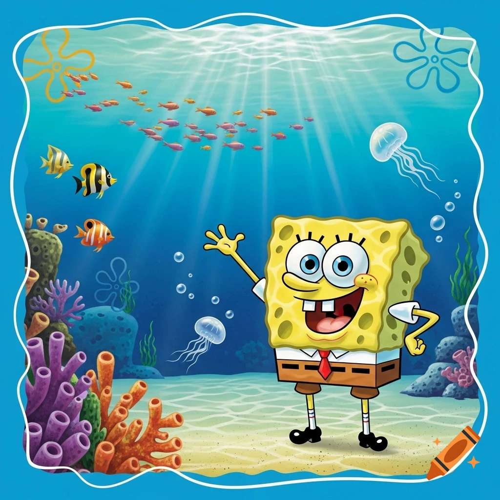 SpongeBob SquarePants waving underwater among coral, fish, and jellyfish, with sunlight streaming from above.