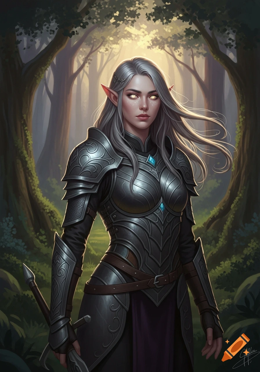 Mysterious elf woman with glowing eyes, silver hair, and detailed armor stands in an enchanted forest. Fantasy art.