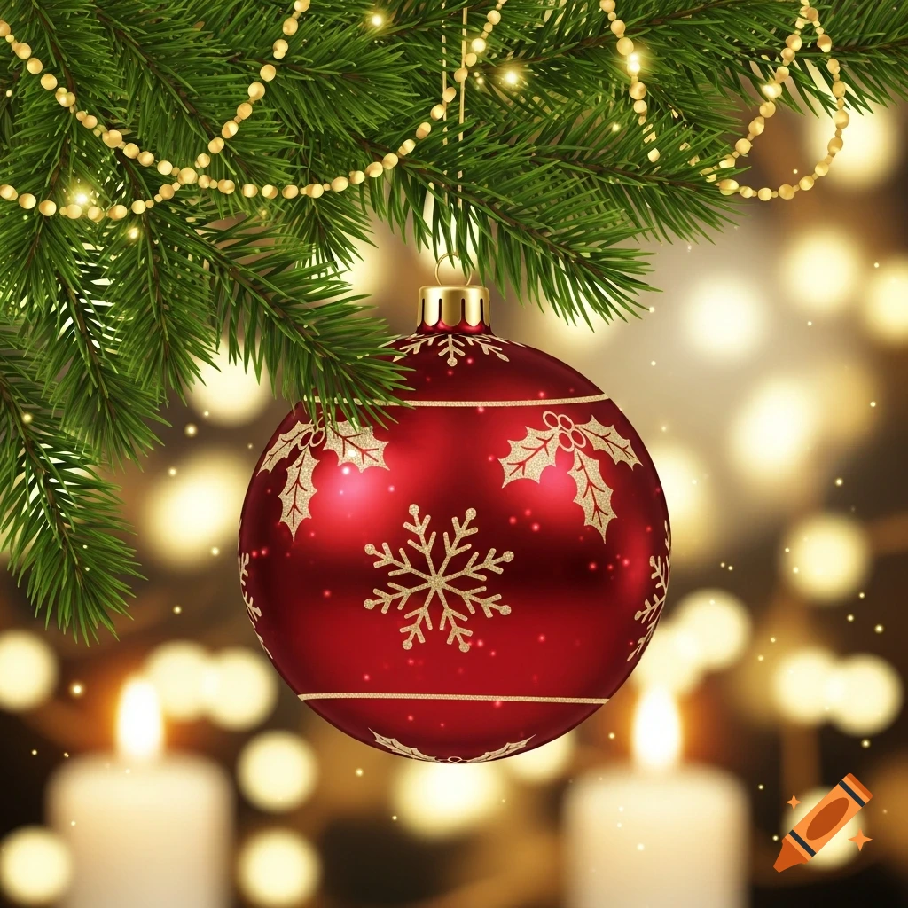 A sparkly red Christmas bauble with gold designs hanging from a pine branch, with golden beaded garland and blurred candles in the background.