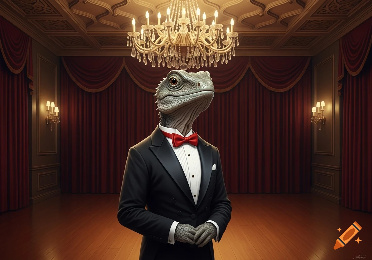 A dignified lizard in a black tuxedo and red bow tie stands in an opulent ballroom under a chandelier.