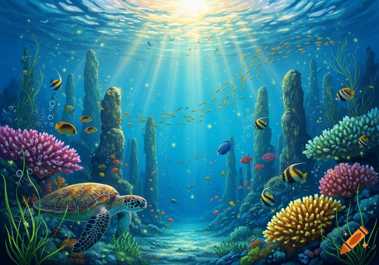 Vibrant underwater scene with sun rays, a sea turtle, colorful coral reefs, and schools of tropical fish.