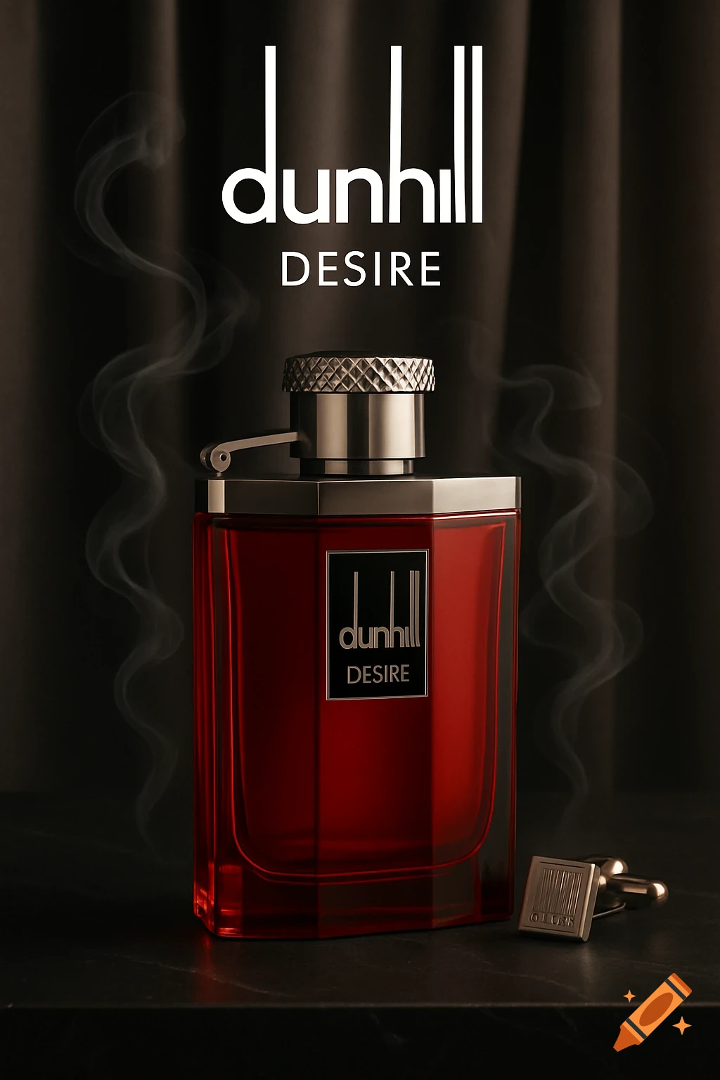 A red Dunhill Desire perfume bottle and a cufflink on a dark surface, with smoke wisps.