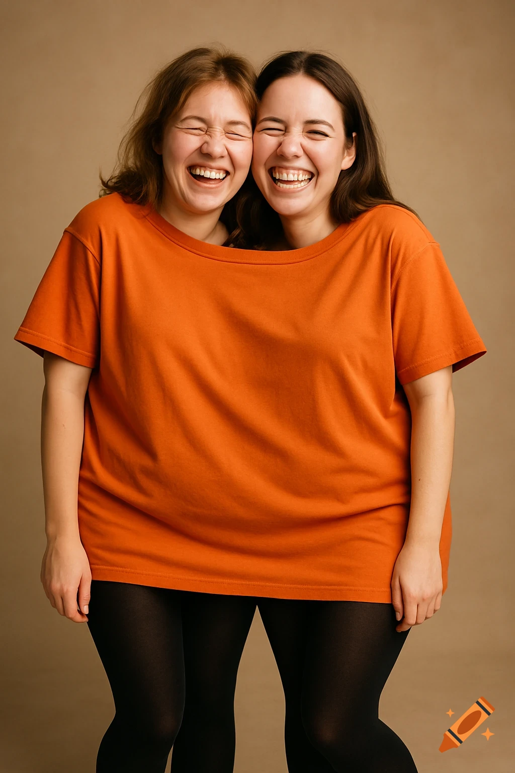 Two smiling women playfully squeeze into one oversized orange t-shirt, wearing black tights against a plain background.