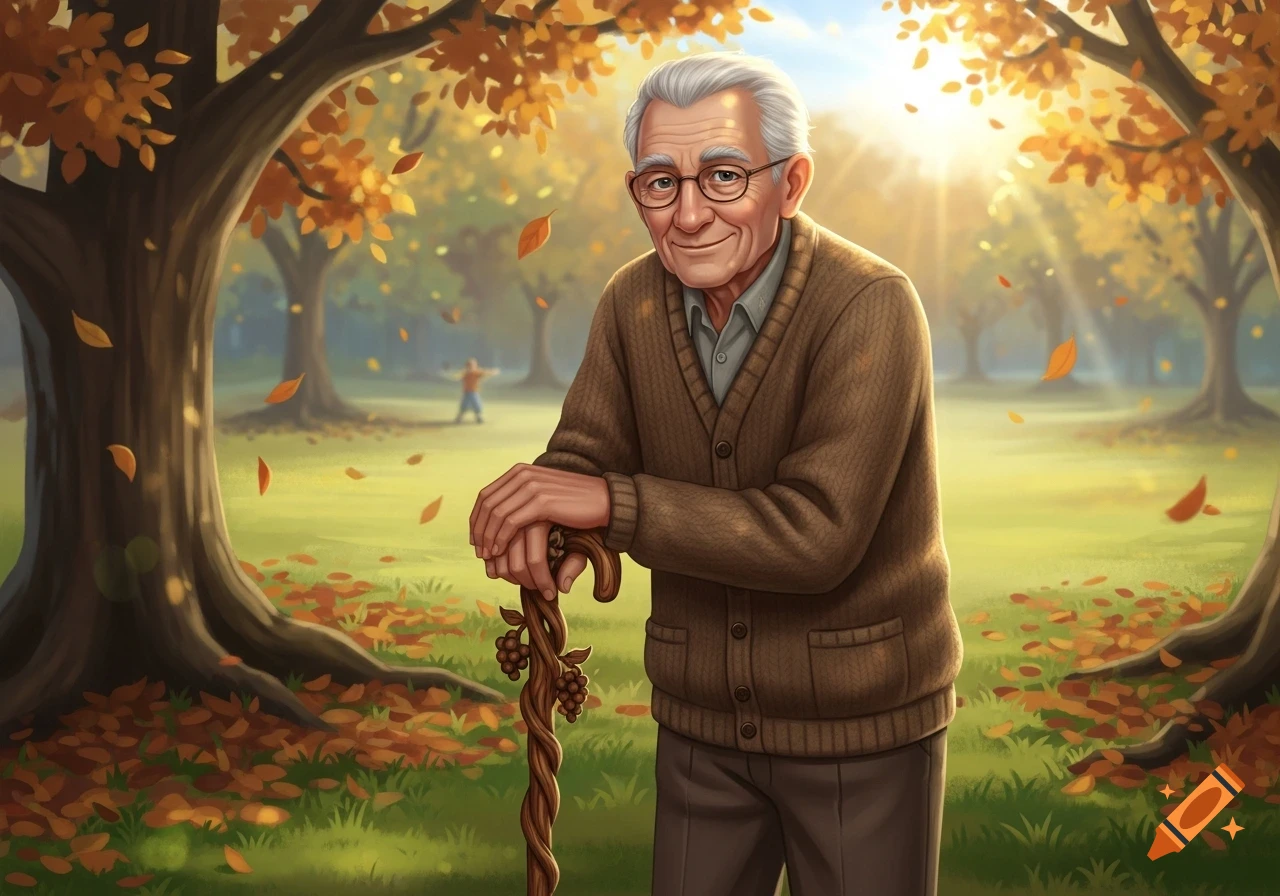A smiling elderly man with glasses and a brown cardigan leans on a decorative walking stick in an autumn park with golden leaves.