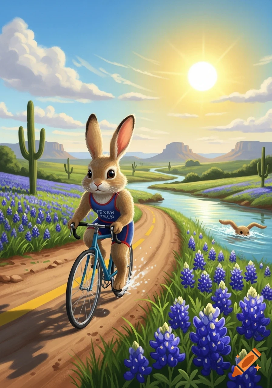 A cartoon bunny rabbit cycles a blue bicycle on a dirt road through a sunny Texas landscape with bluebonnets and cacti. Another rabbit swims in a winding river.