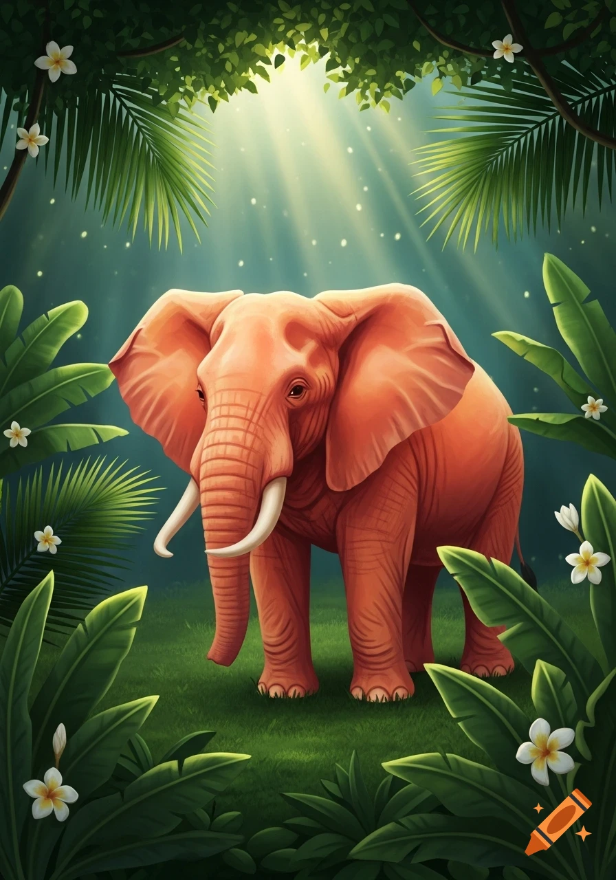 A vibrant, coral-colored elephant stands in a lush, stylized jungle with rays of light shining down.