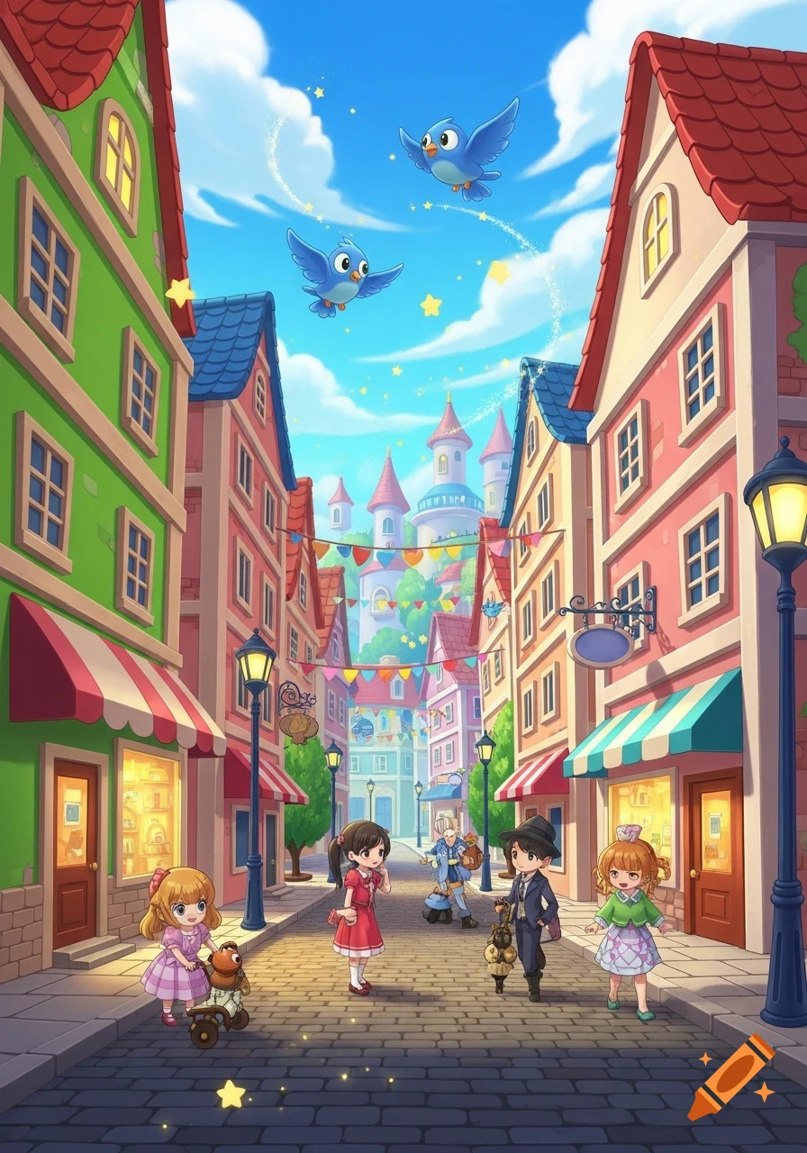 A vibrant cartoon street scene with colorful buildings, children, and two blue birds flying above a distant castle.