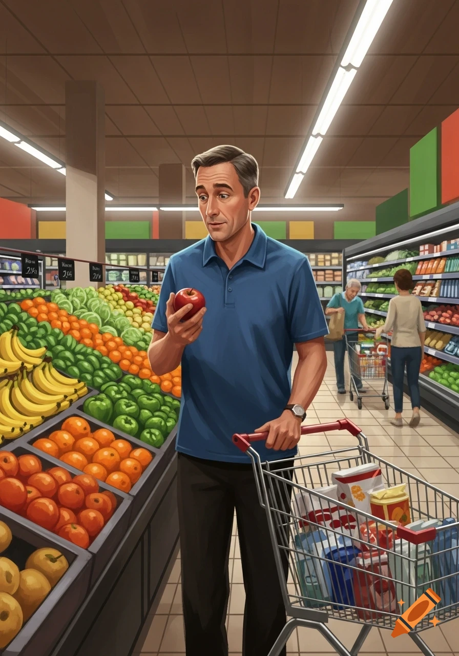 A man in a blue polo shirt holds a red apple while standing with a shopping cart in the produce section of a supermarket.