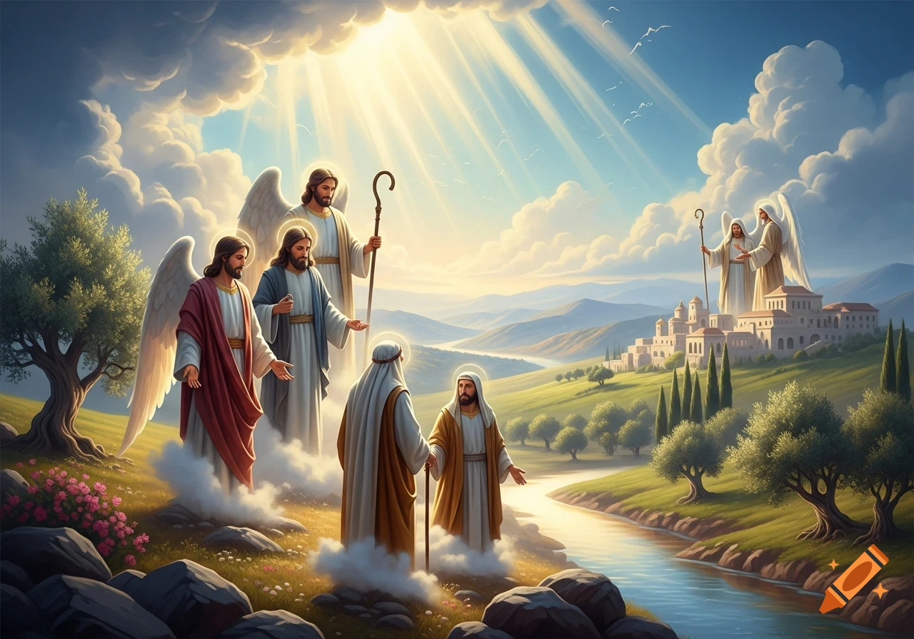 Several robed figures and angels with halos on a grassy hill, overlooking a river and a village, bathed in heavenly light.