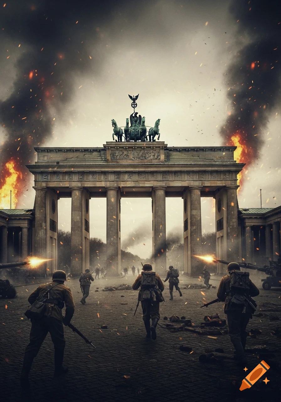 Photorealistic depiction of soldiers in battle near the Brandenburg Gate amid explosions and smoke.