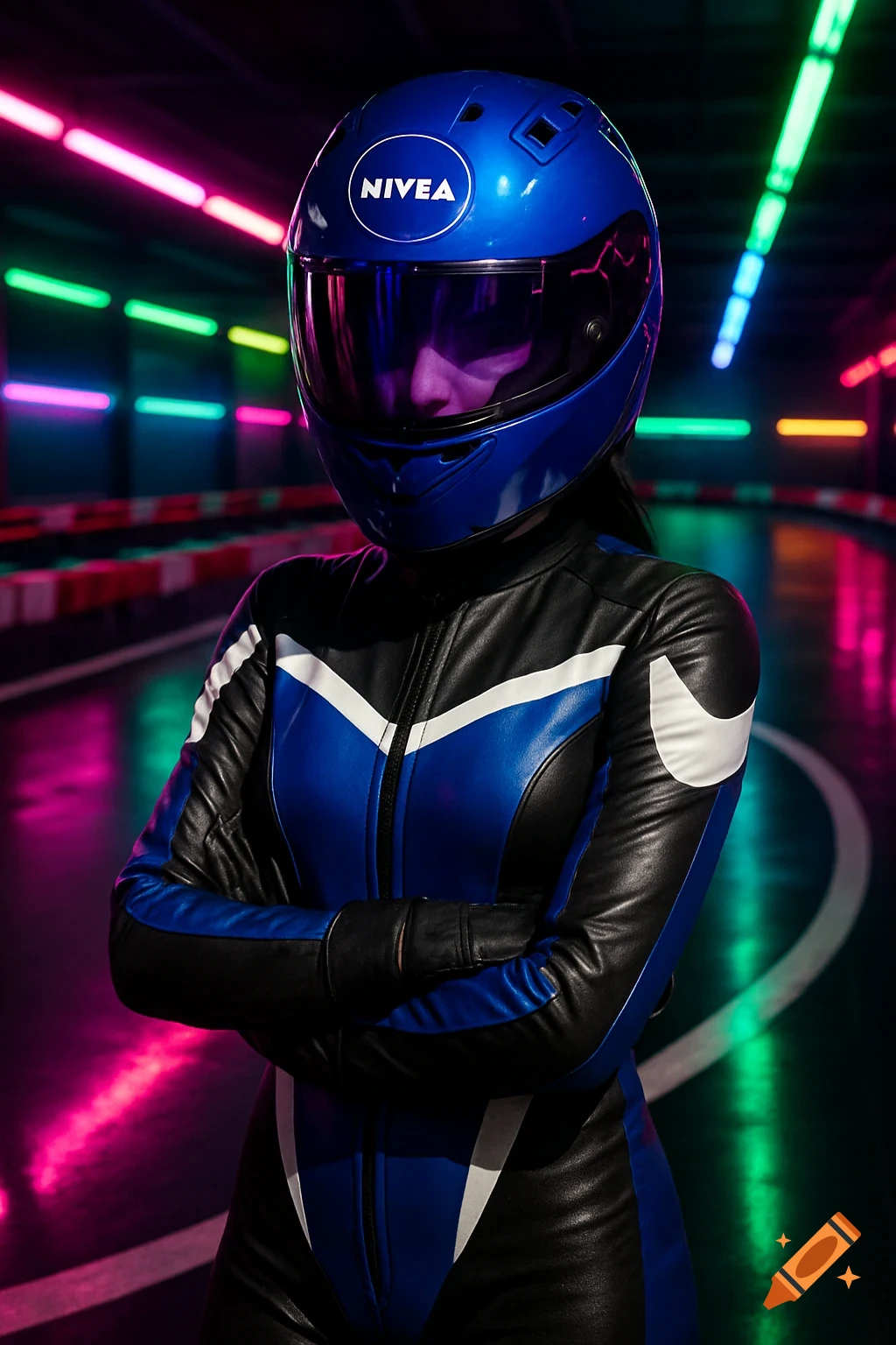 A person in a blue and black leather racing suit and blue helmet with 'NIVEA' logo, standing on an indoor neon-lit racetrack.