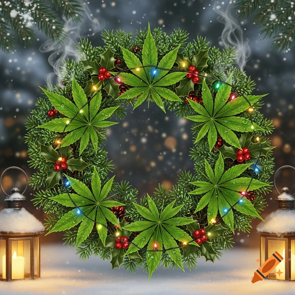 A festive Christmas wreath made of cannabis leaves, holly, and red berries with colorful lights, set in a snowy scene with glowing lanterns.