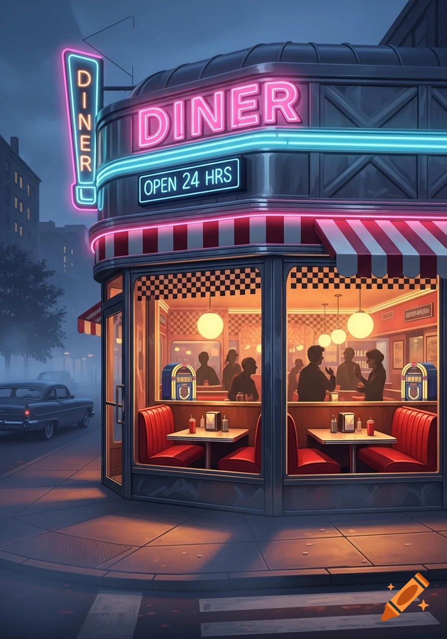 A vibrant retro diner with glowing neon signs displaying "DINER" and "OPEN 24 HRS" at night. Silhouetted figures are visible inside, and a vintage car is parked on the street.