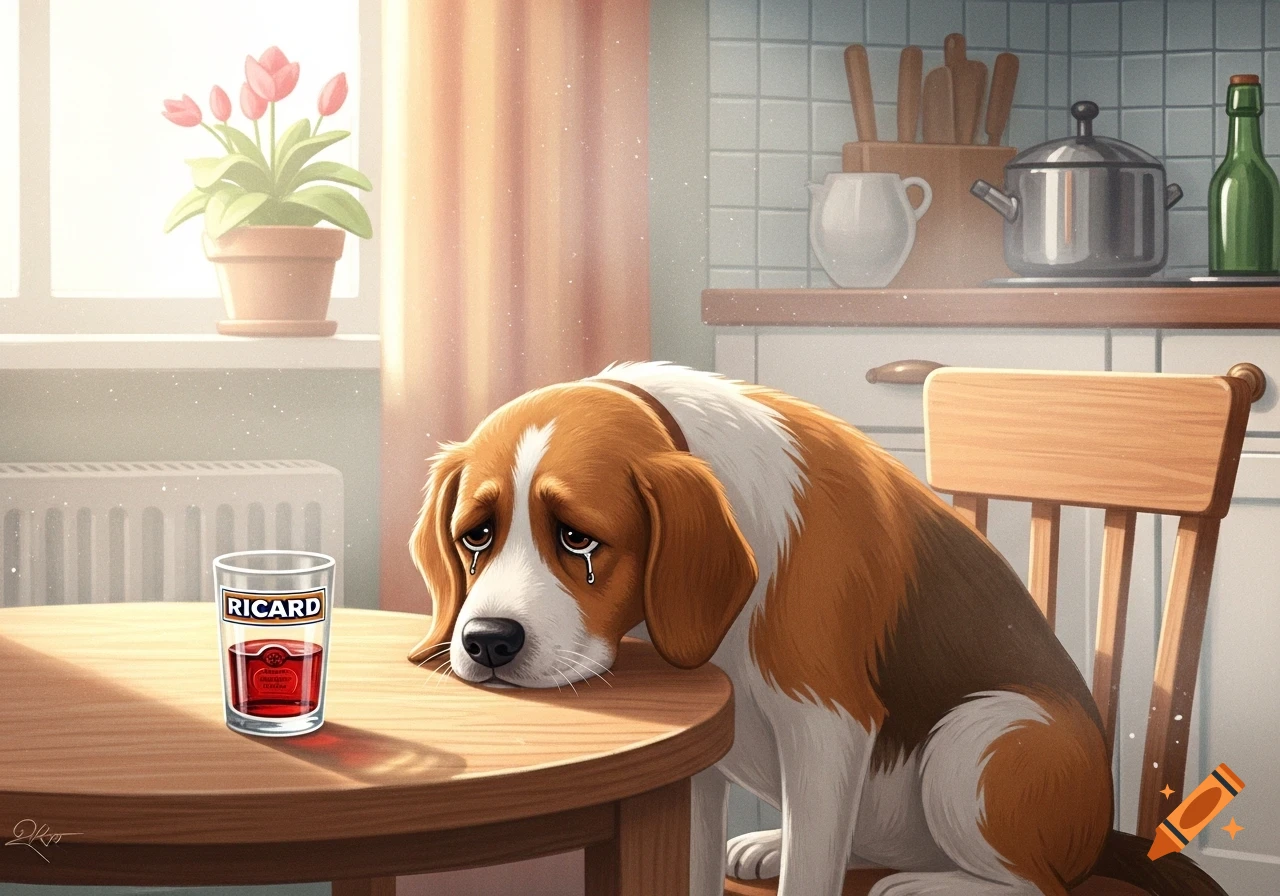 A sad beagle dog sits slumped by a bright kitchen table with a glass of Ricard, tears in its eyes, in a digital illustration.