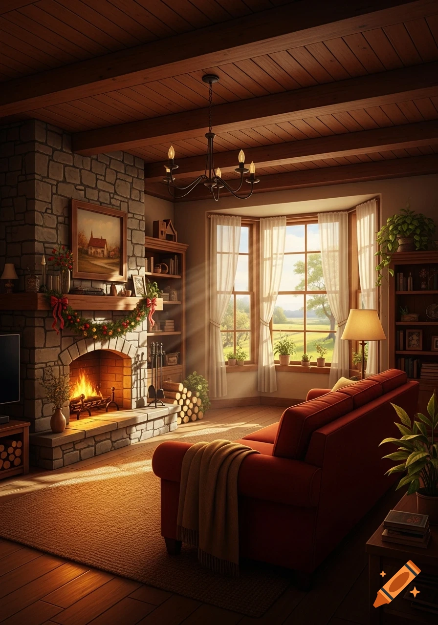 A cozy, rustic living room featuring a stone fireplace with a fire and garland, a red sofa with a throw, and a sunlit bay window.