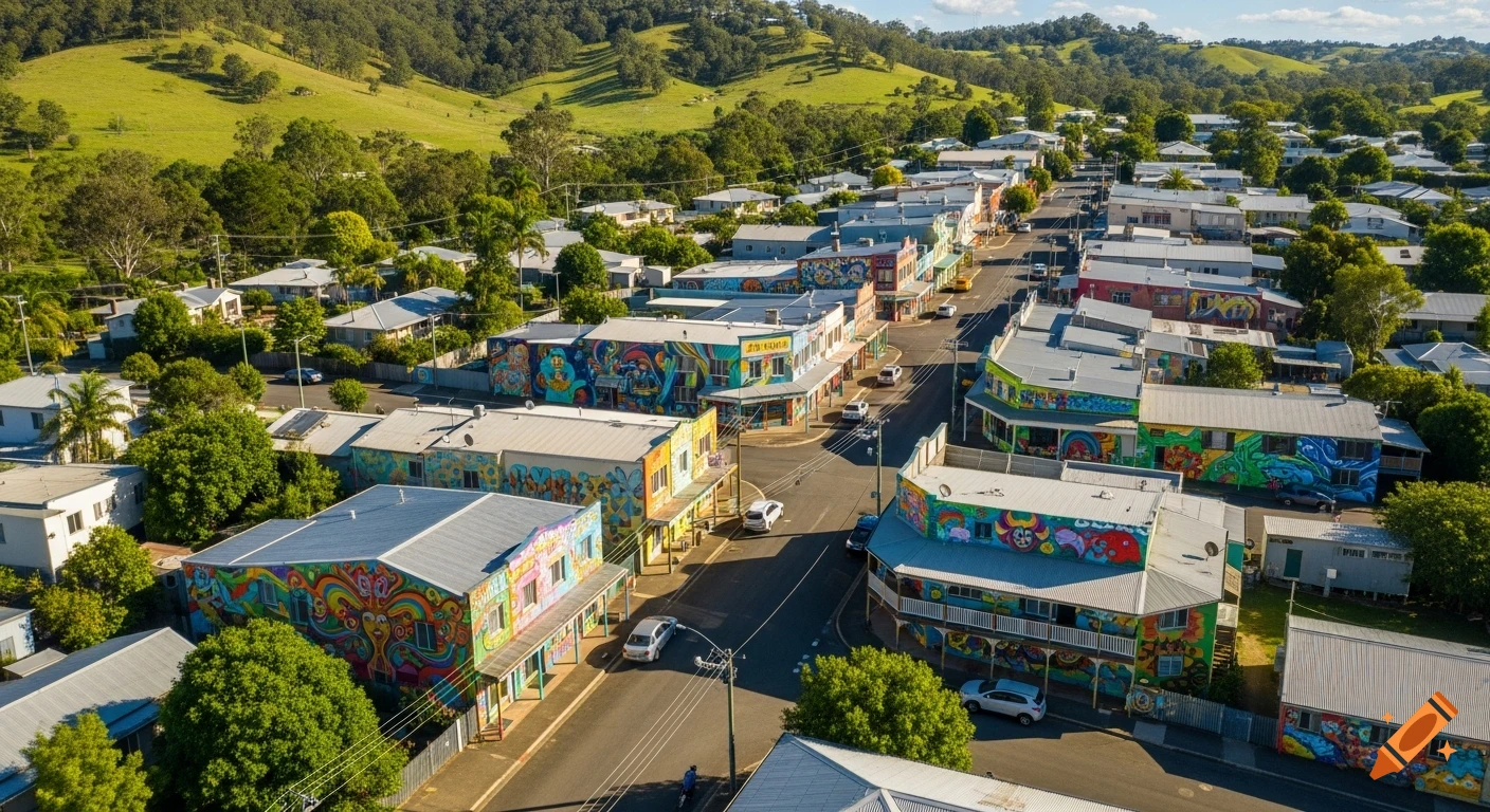 Aerial view of Nimbin, an Australian town with vibrant, mural-painted buildings lining a street, surrounded by lush green hills.