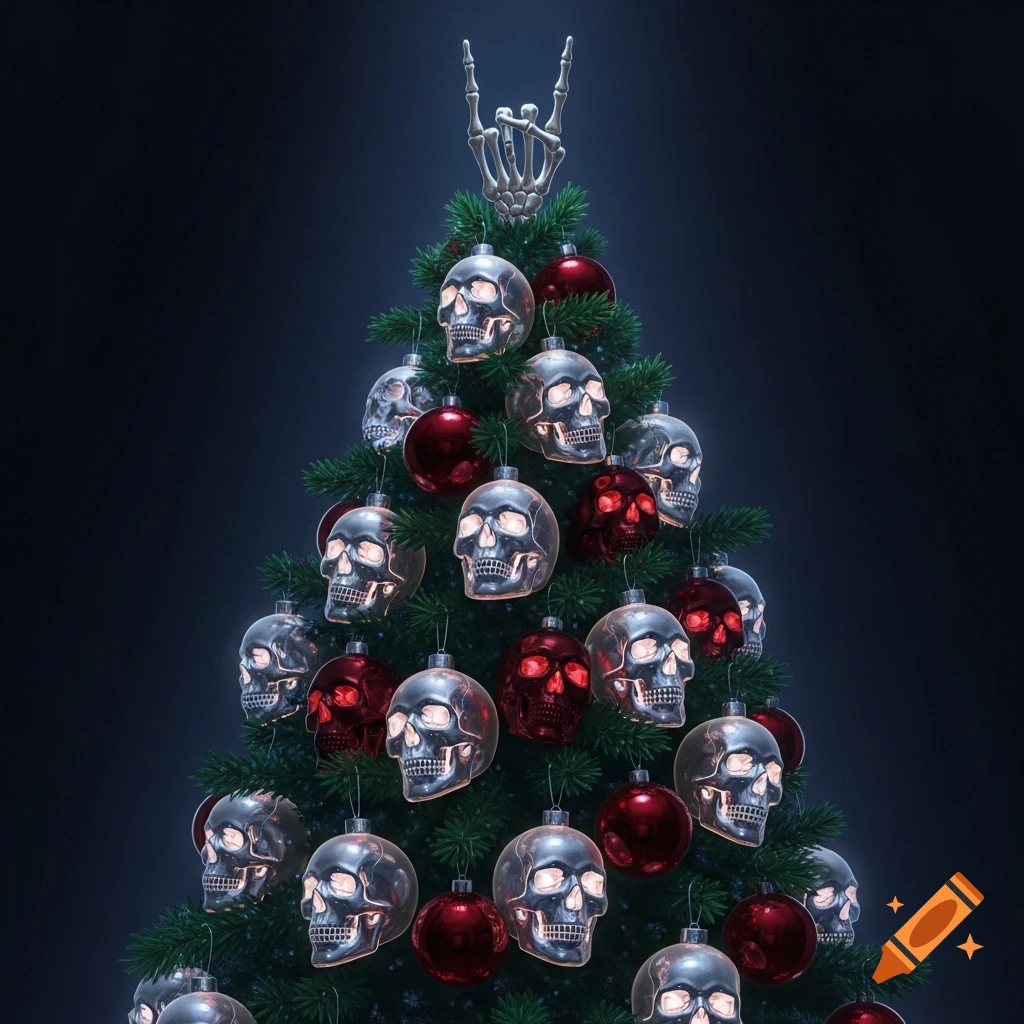 A dark Christmas tree decorated with silver and red skull ornaments and a skeleton hand making a rock sign at the top.