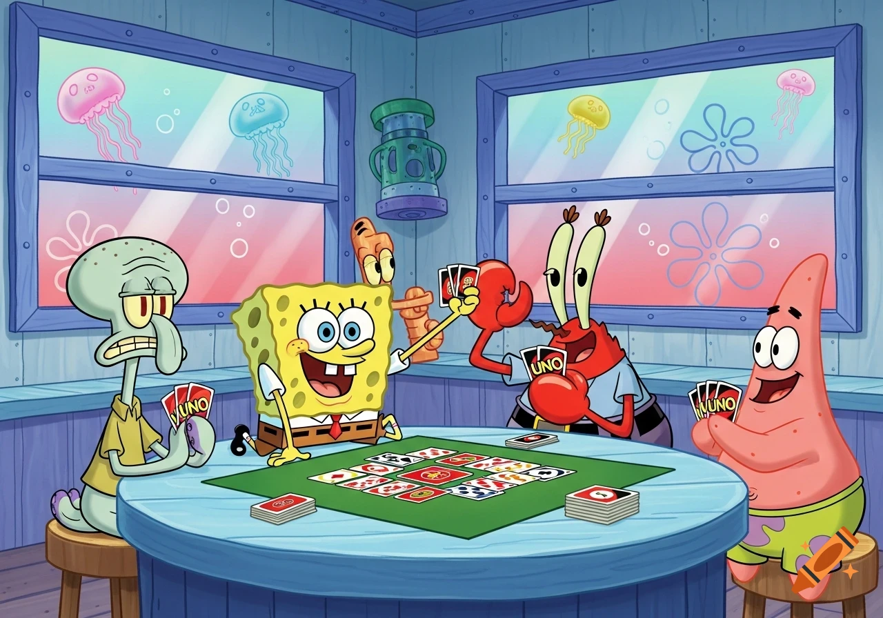 SpongeBob, Patrick, Squidward, and Mr. Krabs play UNO at a table in an underwater room, cartoon style.