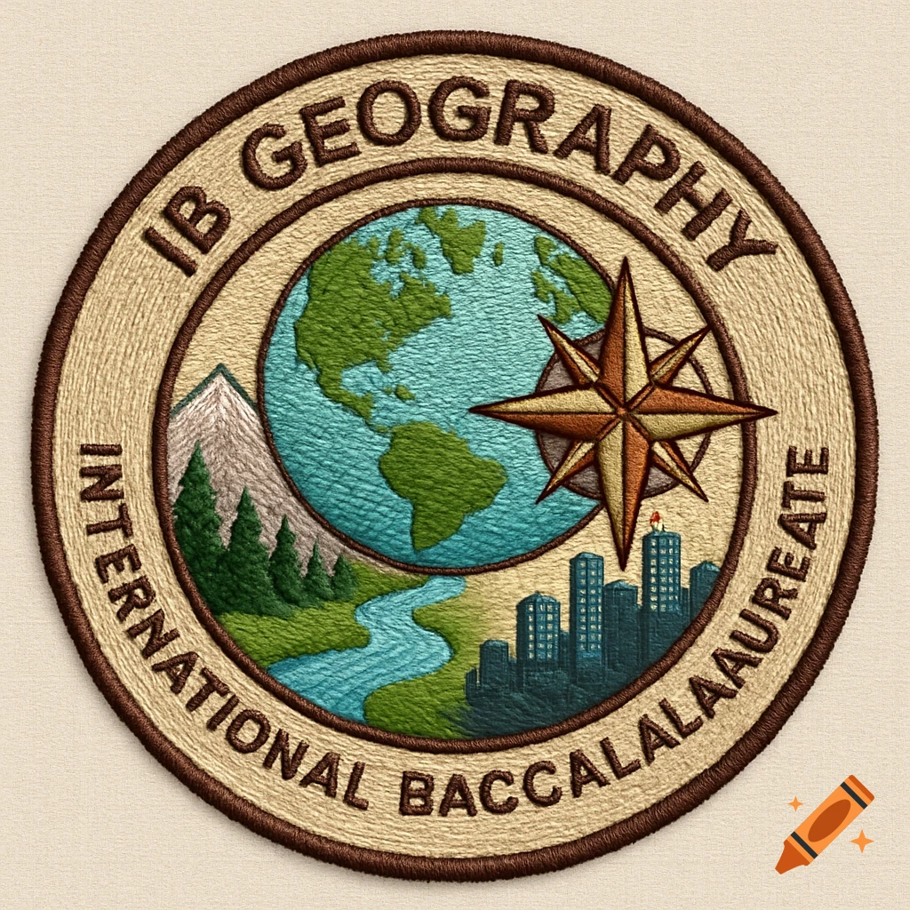 A circular embroidered patch featuring a globe, compass rose, mountains, a river, and a city skyline, with text "IB GEOGRAPHY" and "INTERNATIONAL BACCALALAUREATE".