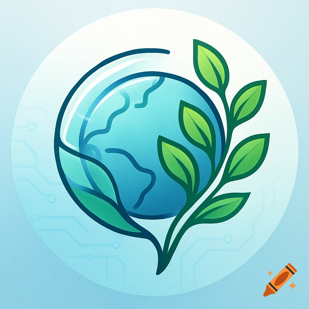 A stylized blue and green globe with a fresh green leaf branch, set against a light blue background with faint circuit patterns.