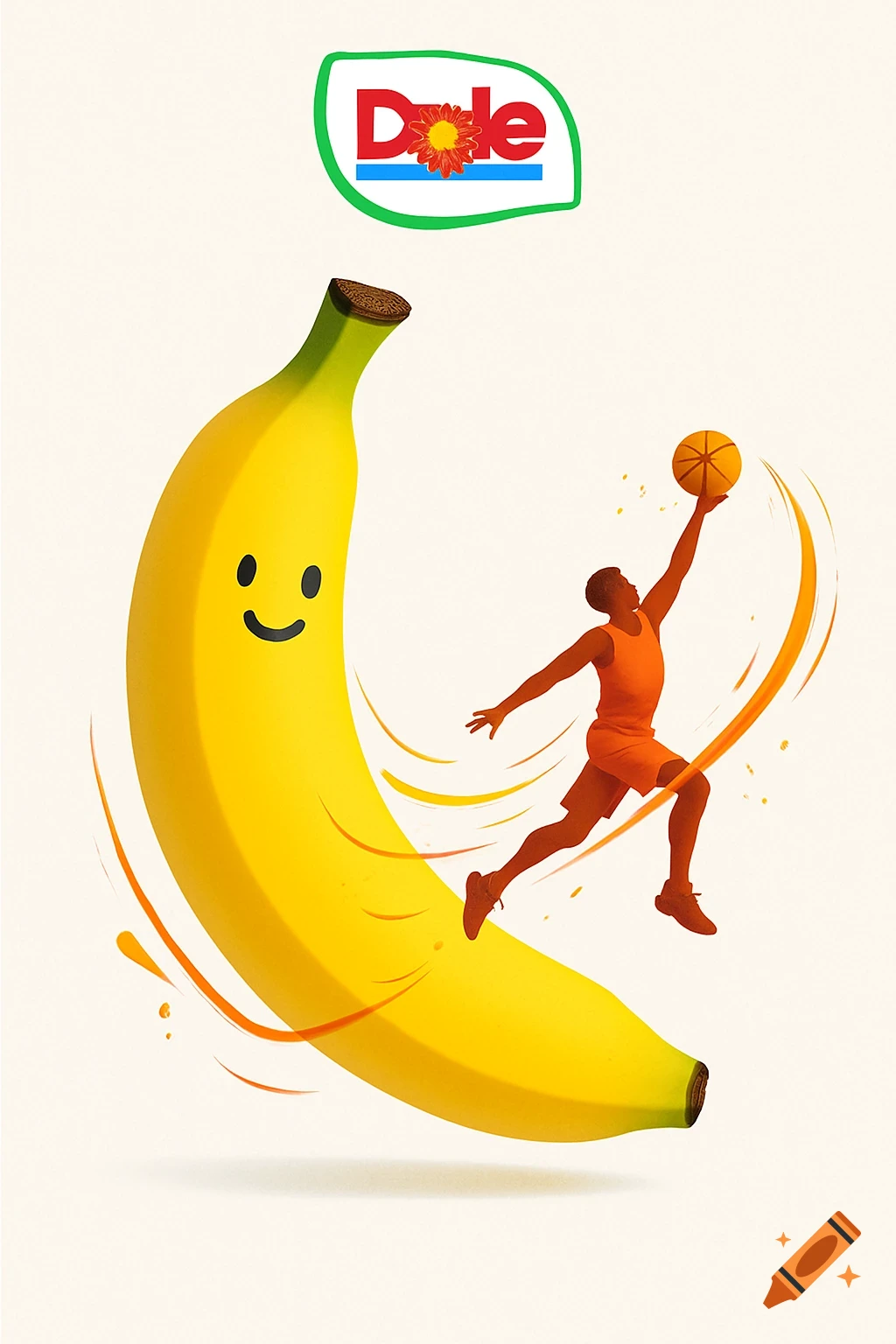 A playful, minimalist illustration of a banana with a smiley face boosting a jumping basketball player silhouette to dunk, with a Dole logo.