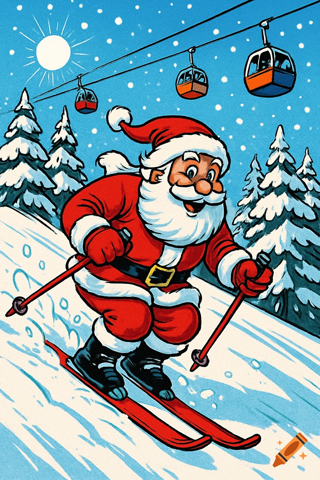 Cartoon Santa Claus skis down a snowy mountain slope with pine trees, ski lifts, and falling snow in a comic book style.