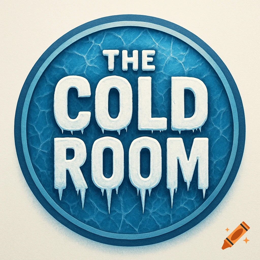 Round blue and white logo with cracked ice texture and icicles hanging from the frosty text 'THE COLD ROOM'.