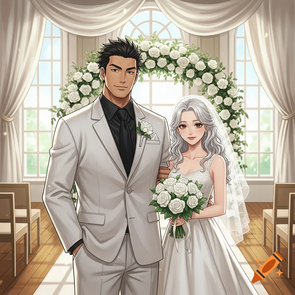Anime style depiction of a man in a white suit and a woman in a wedding dress holding a white rose bouquet, standing at a wedding altar.