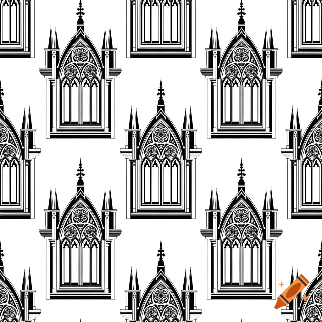 A black and white seamless pattern of stylized Gothic arched windows with ornate tracery.