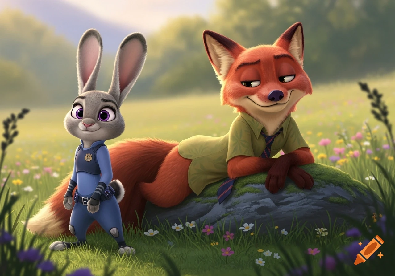 Judy Hopps and Nick Wilde from Zootopia in a field of wildflowers. Judy stands in her police uniform, while Nick lounges on a rock.