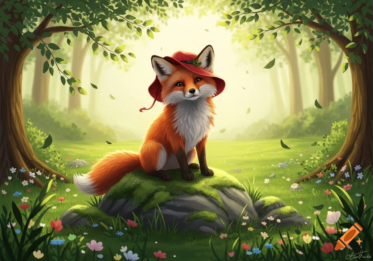 A cute, fluffy fox wearing a red hat sits on a mossy rock in a bright ...