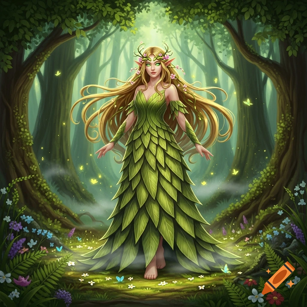 A nature elf with long blonde hair and green eyes stands in a lush forest, wearing a dress made of green leaves.