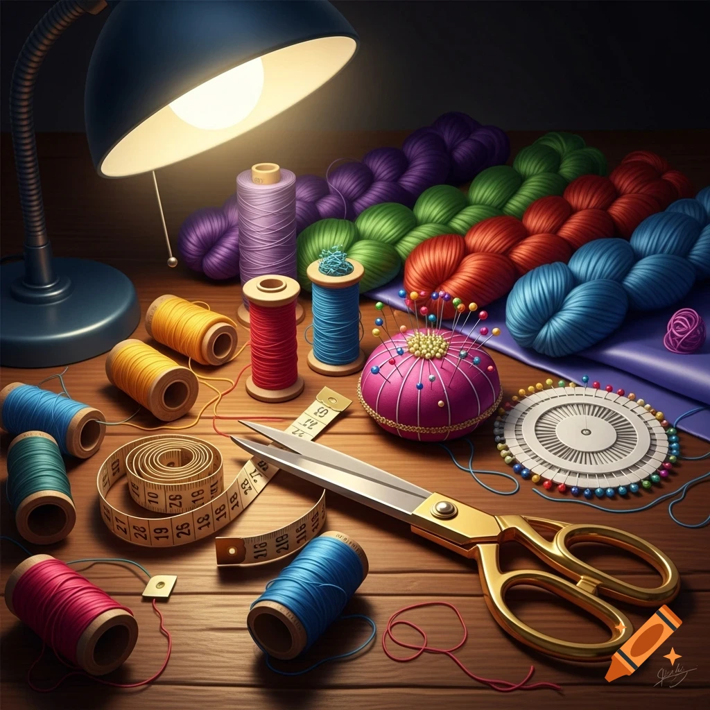 A close-up shot of colorful sewing threads, yarn, scissors, a pin cushion, and a measuring tape on a wooden table under a lamp.