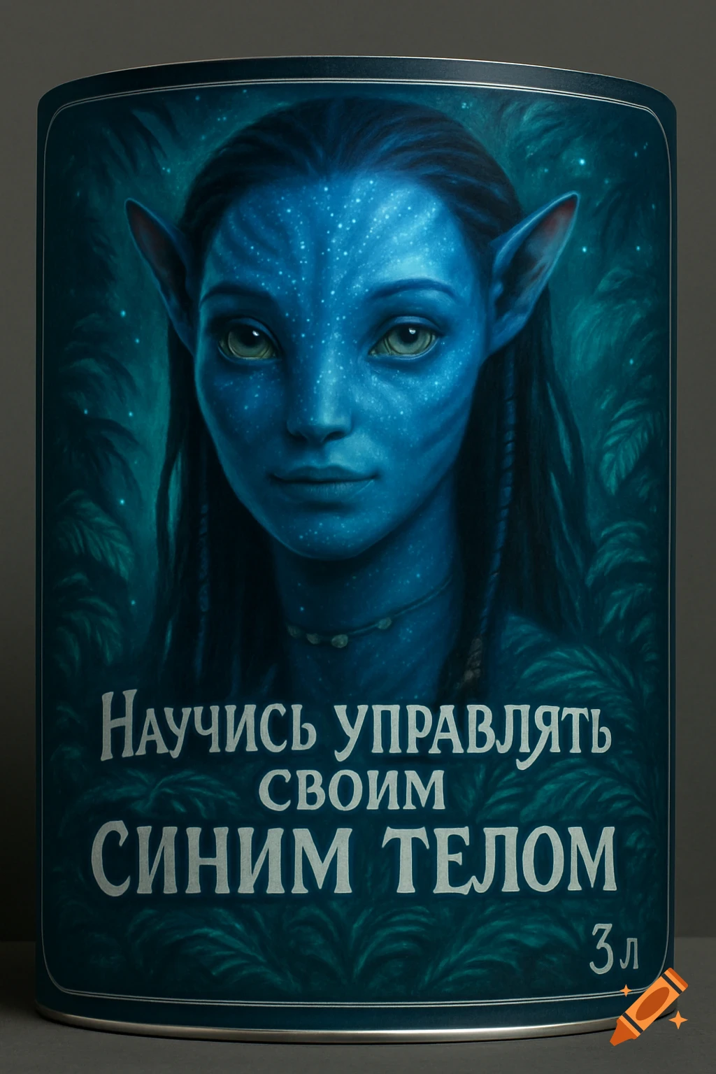 Illustration of a blue-skinned Avatar character on a product label with Russian text.