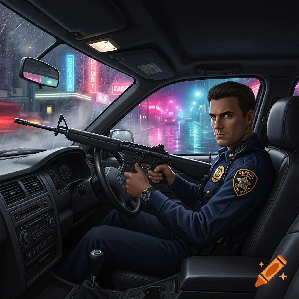 A police deputy in a car holds a rifle, looking intently at the viewer, with a neon-lit rainy city street visible through the windshield at night. Photorealistic style.
