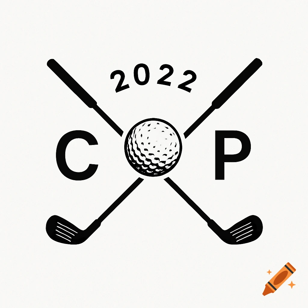 Minimalist black and white golf logo with crossed clubs, a golf ball, letters 'C' and 'P', and the number '2022'.