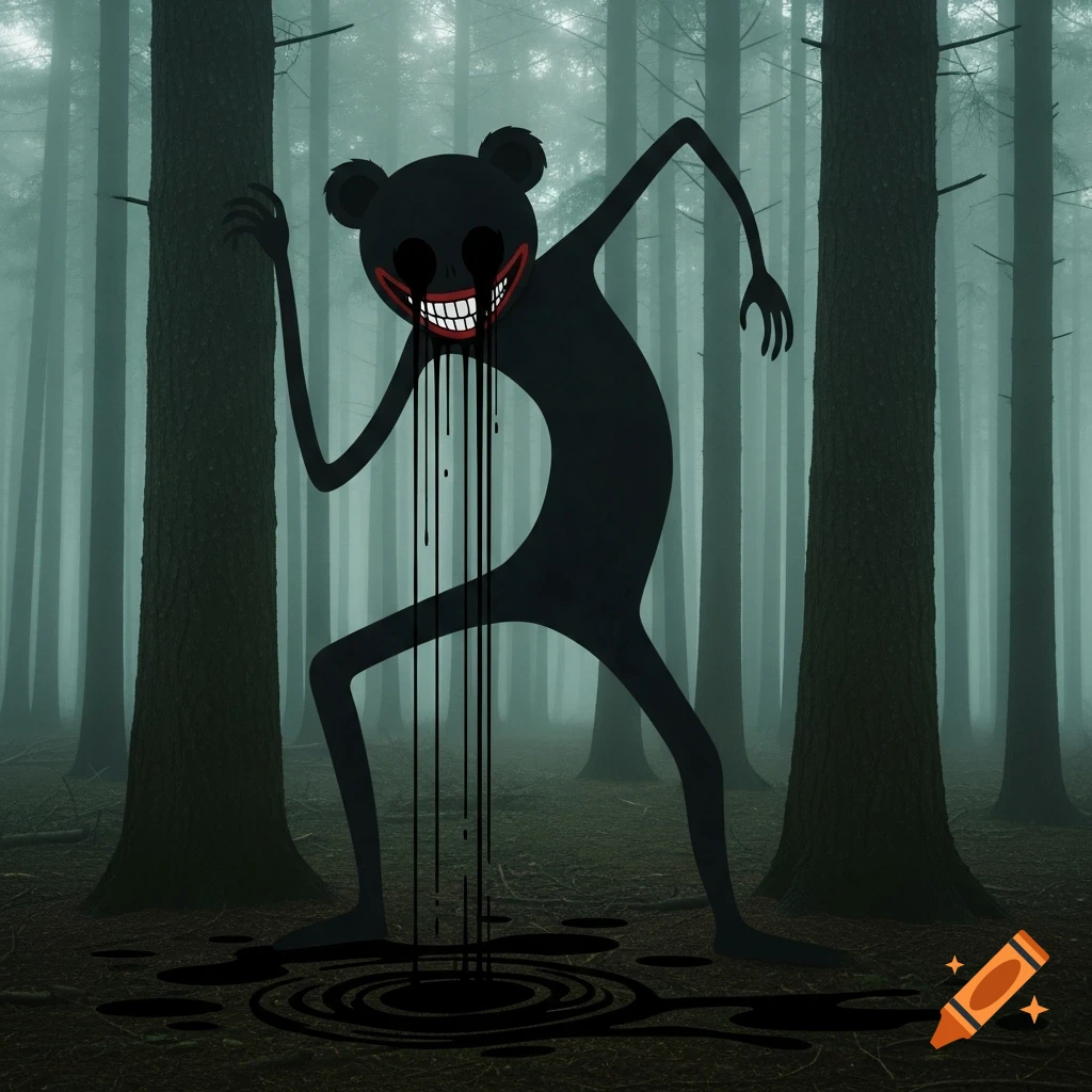 A creepy, tall, black cartoon bear-like cryptid with a wide, toothy grin and black liquid dripping from its face stands in a dark, misty forest.