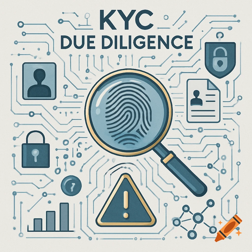 A schematic illustration for KYC Due Diligence with icons like a magnifying glass on a fingerprint, user profile, document, lock, shield, and data graphs, against a circuit board background.