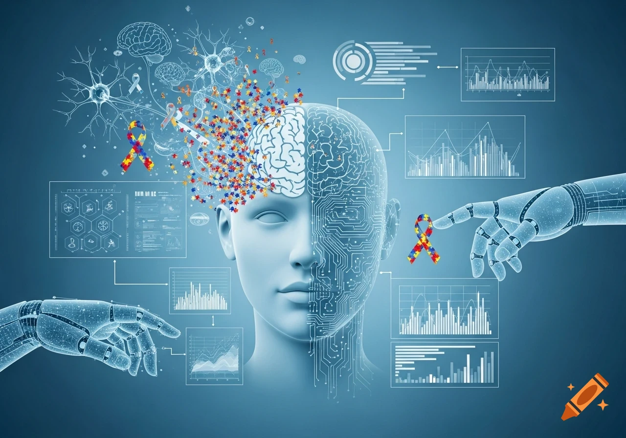 A stylized human head split between a brain and circuits, surrounded by data visualizations and neurons. Robotic hands interact with colorful autism awareness ribbons, symbolizing AI research.
