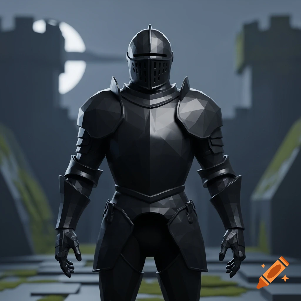 A low-poly 3D render of a black armored knight standing against a castle background.