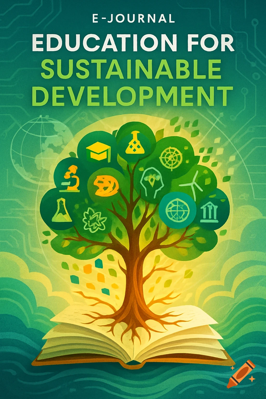 A vibrant illustration of a tree with educational and environmental icons as leaves, growing from an open book, titled 'E-JOURNAL EDUCATION FOR SUSTAINABLE DEVELOPMENT'.
