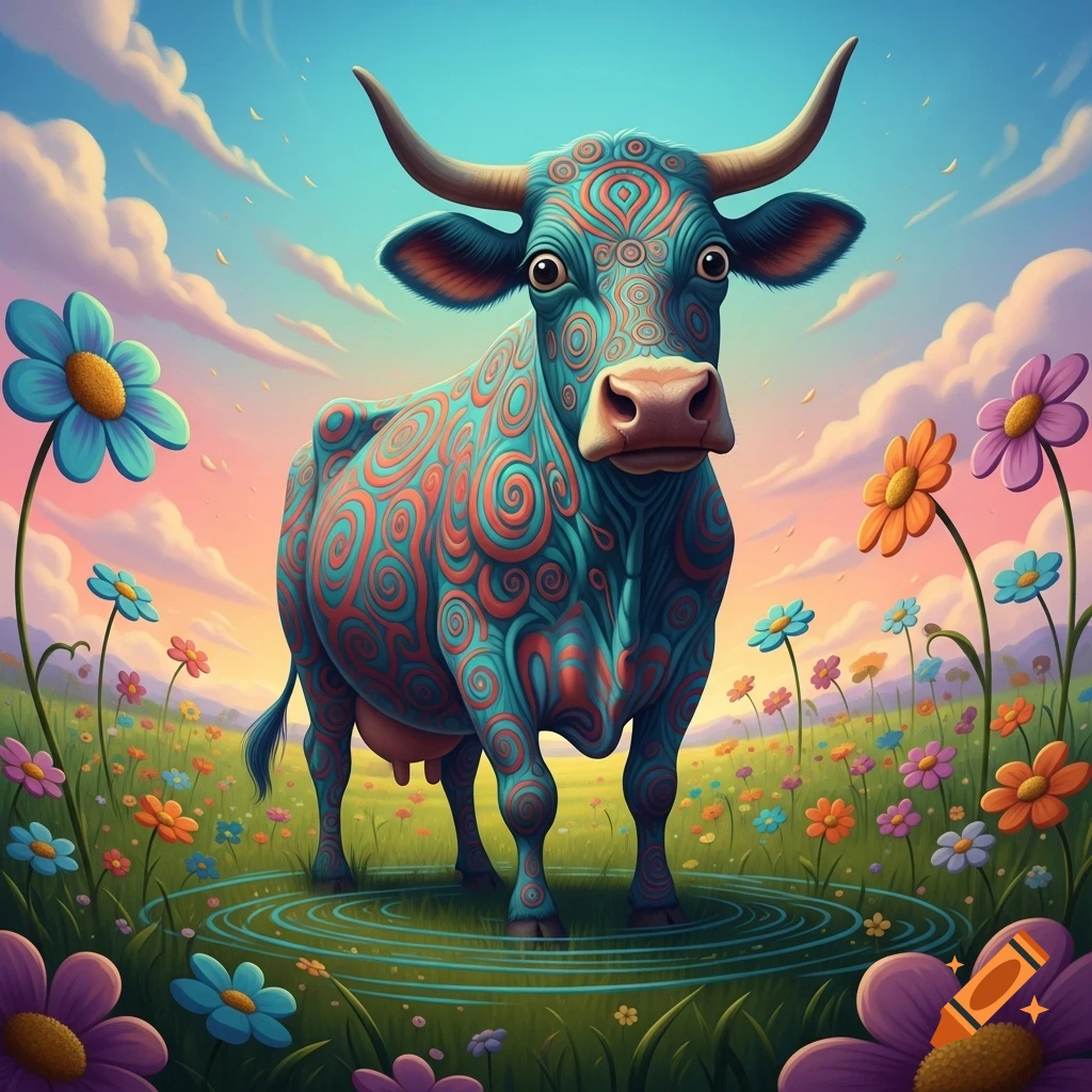 A vibrant, whimsically stylized cow with blue and red psychedelic patterns stands in a field of colorful flowers under a bright sky.