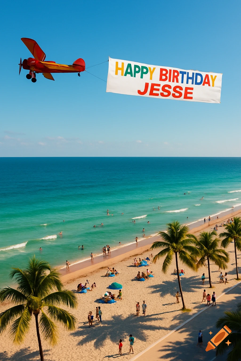 A red biplane flies over a sunny tropical beach with turquoise water and palm trees, pulling a banner that reads "HAPPY BIRTHDAY JESSE".