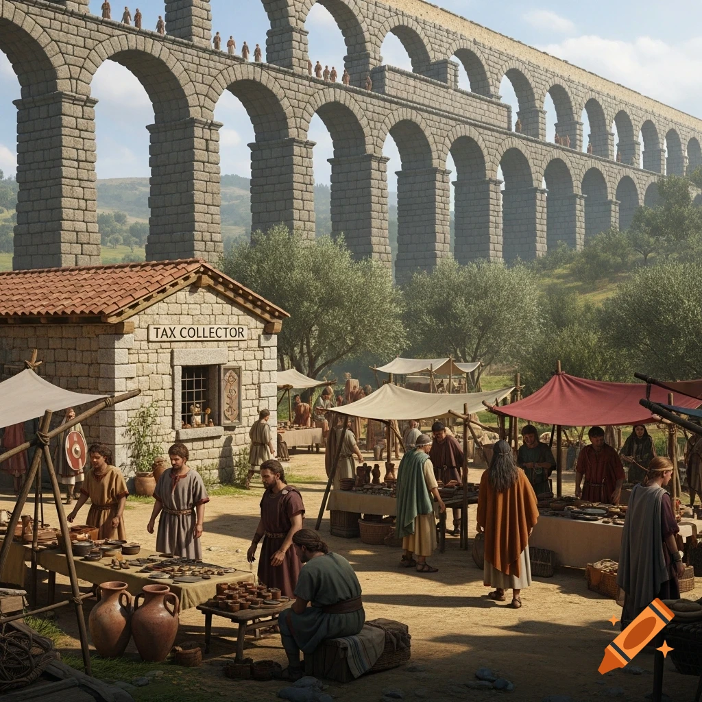A photorealistic image of a towering Roman aqueduct overlooking a bustling ancient marketplace with people and a 'TAX COLLECTOR' building.