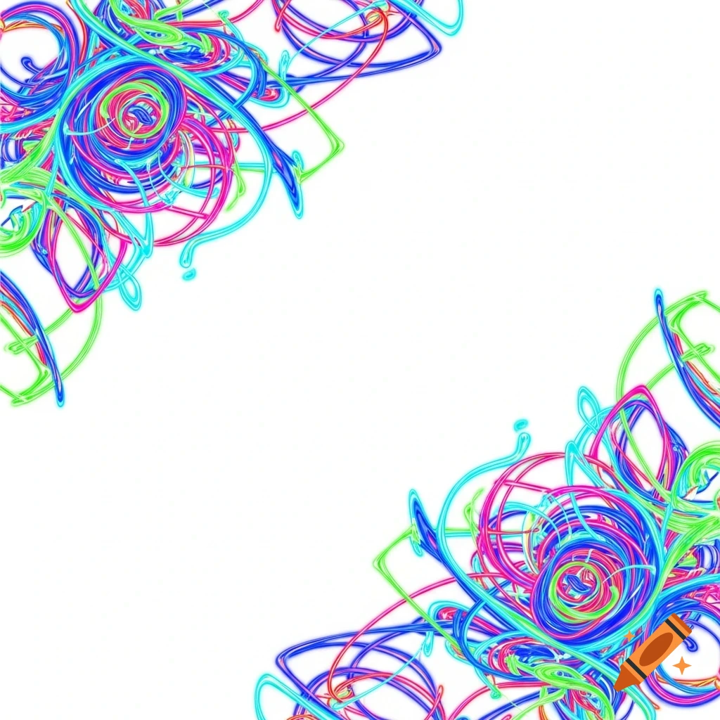 Abstract neon lines in blue, green, pink, and red swirl from the top left and bottom right corners on a white background.