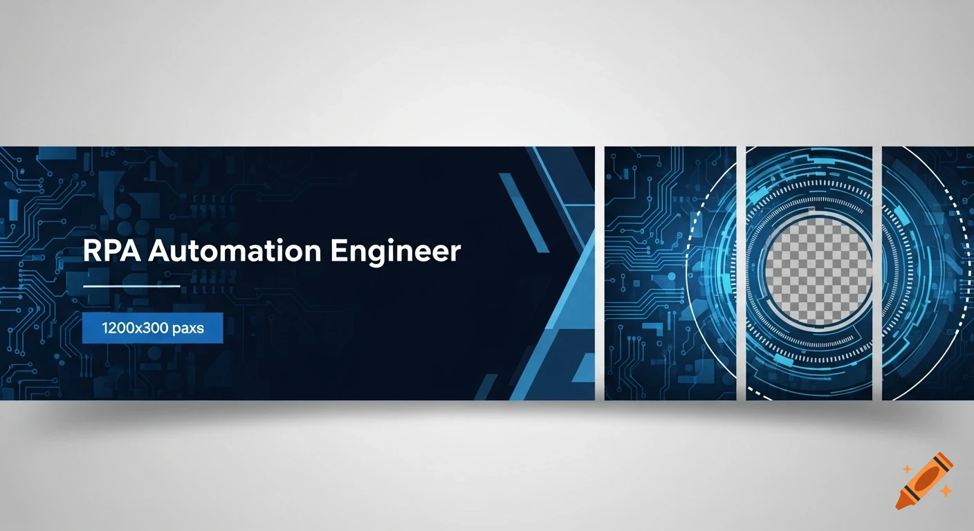 A professional dark blue banner with light blue circuit board patterns, text 'RPA Automation Engineer', and a circular transparent placeholder.