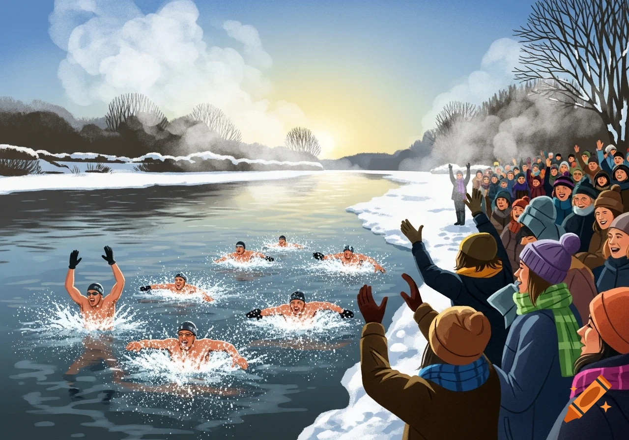 Illustration of people swimming in a cold, icy river with a cheering crowd on the snowy bank during sunrise.